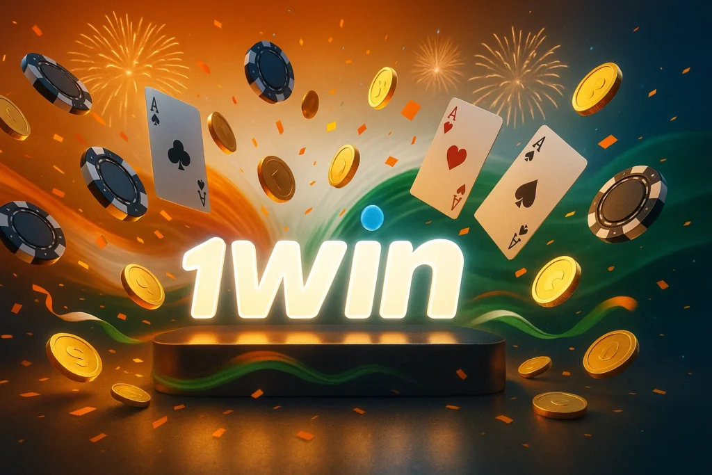 Vibrant 1win casino banner with exploding poker chips, gold coins, aces of spades and hearts, fireworks, and Indian flag colors celebrating big wins and online gambling excitement