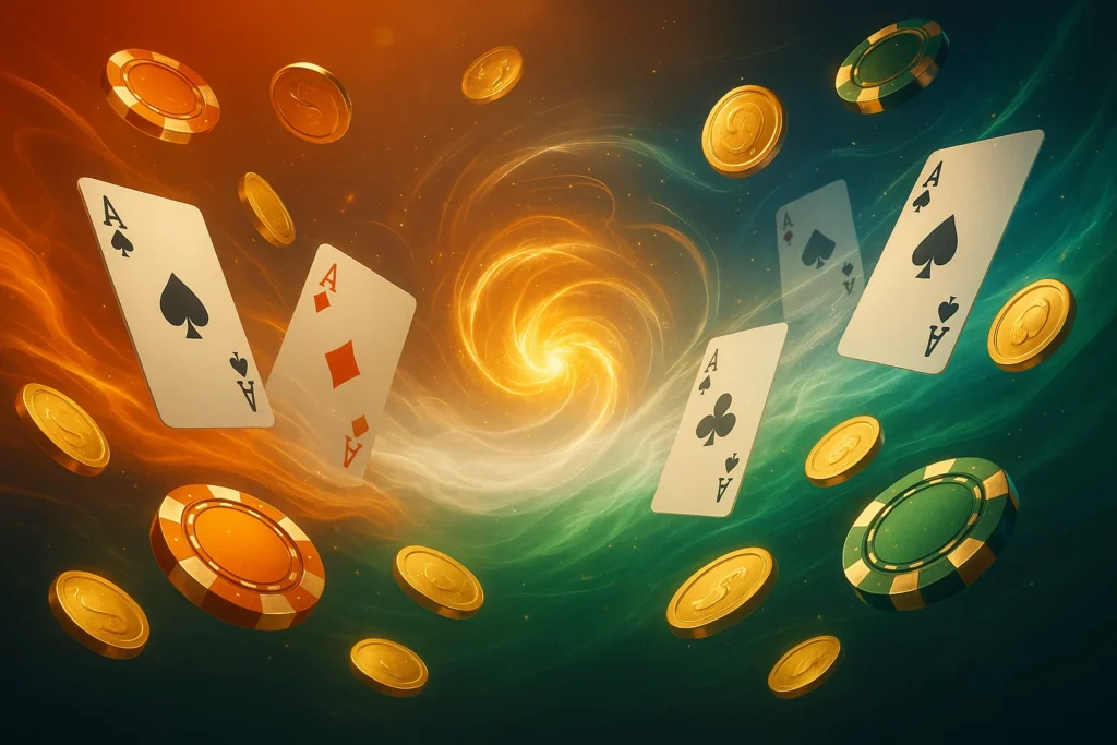 Dynamic 1win online casino graphic featuring swirling golden energy vortex, floating aces of all suits, poker chips, and gold coins symbolizing jackpot wins and thrilling betting action